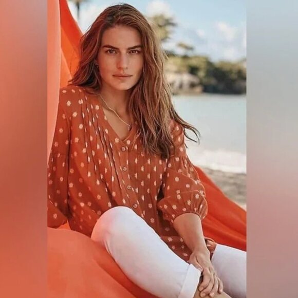 J. Jill Burnt Orange Peasant Pintucked Button Up V-Neck Blouse. Extra Large Tall - Picture 1 of 14